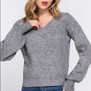 Gray Knit V Neck Long Sleeve Sweater